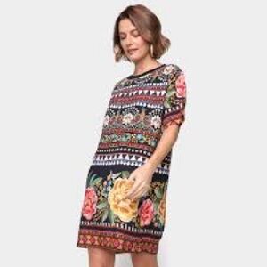 Farm Rio x Anthropologie Aztec Floral Short Sleeve Printed Shirt Dress sz M